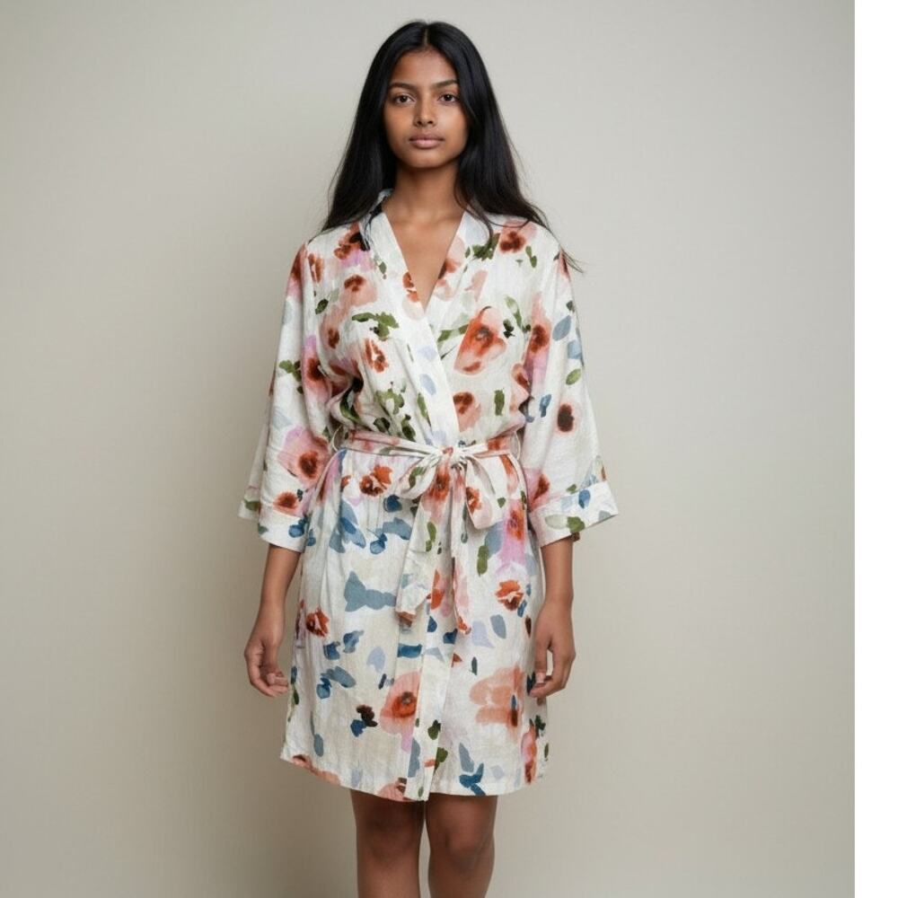 L Anthroplogie Kimono wrap robe lounge cover-up Bridal Party floral romantic